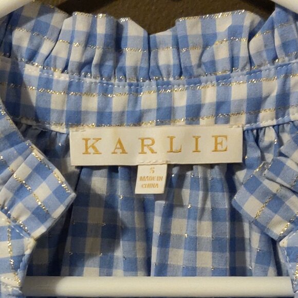 Karlie Blue & White Gingham Gold Metallic Thread Ruffle Collar Top SMALL - Picture 2 of 6